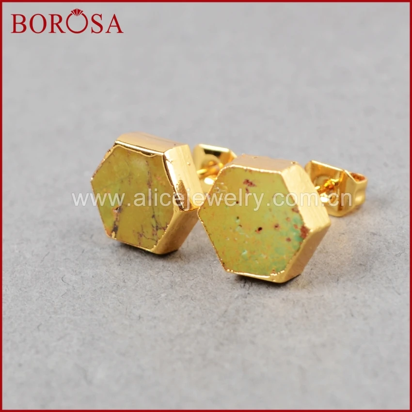 BOROSA Hexagon Quartz Stud Earring For Women 100% Natural Blue Stone Turquoises Druzy Stud Earrings Quartz Crystal Jewelry G0611