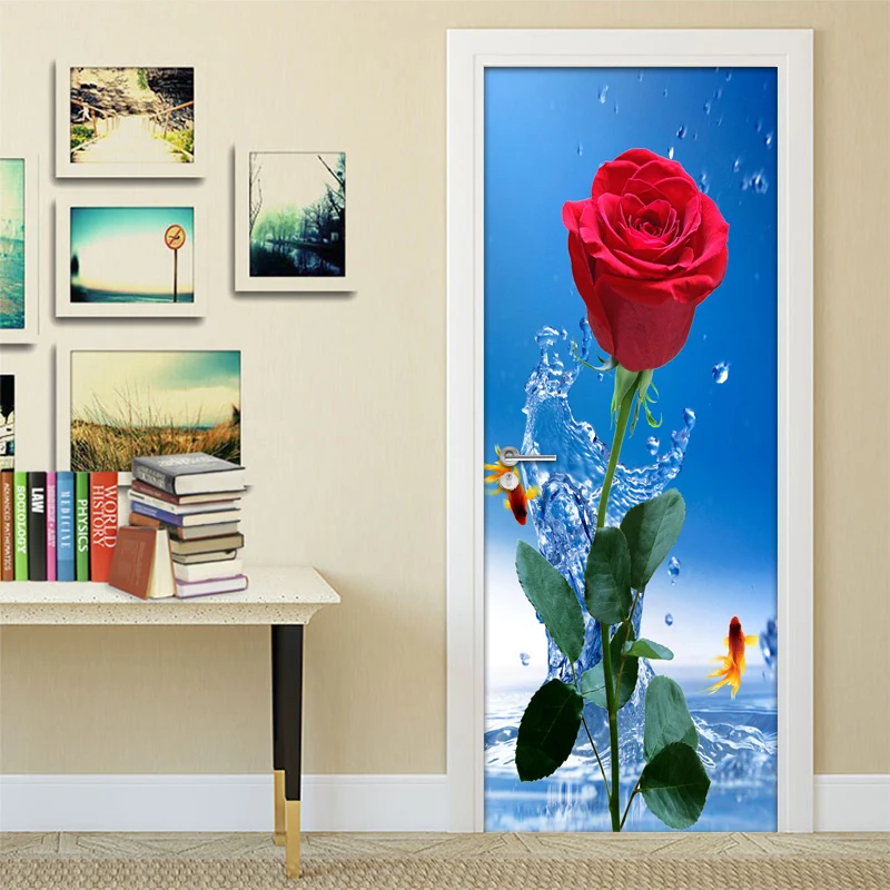 

Red Rose Flower Door Sticker 3D Photo Wallpaper Wall Mural PVC Self Adhesive Waterproof Living Room Bedroom Door Stickers Decor