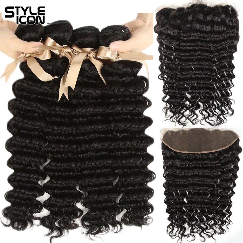 

STYLEICON Peruvian Deep Wave Frontal and Bundles 3 Deep Wave Bundles with Frontal Non-Remy Hair Bundles with Frontal Deep Wave