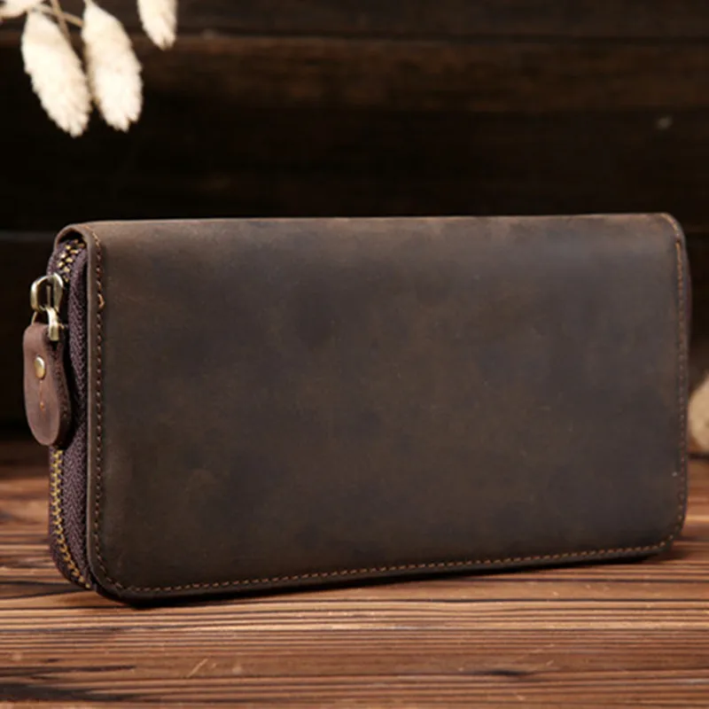 Men\'s long Wallet Clutch Genuine Leather Business Cowhide Crazy Horse Zipper Cash Card Phone Holder Handbag Wallets For Man Male