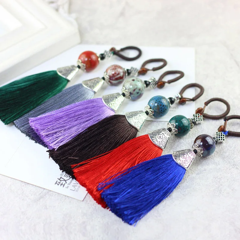 Chinese Style Ethnic Ceramic Stone Tassel Keychain Women Key Ring Vintage Handmade Weave Tassel Bag Car Key Holder Jewelry Gift