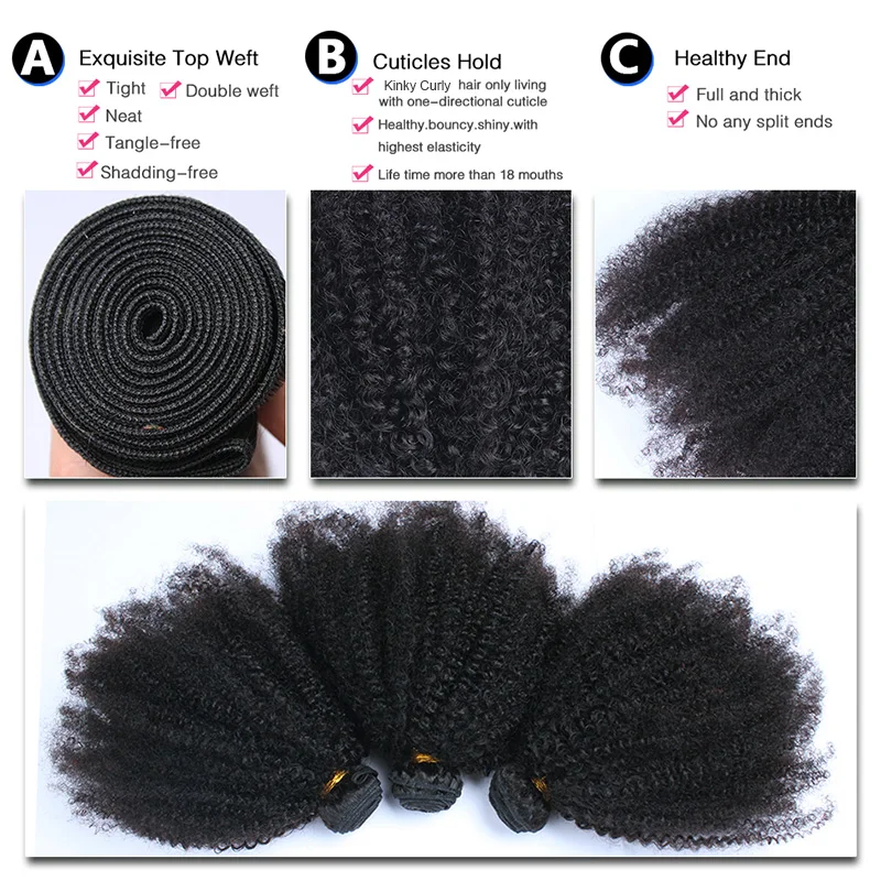 Mongolian Afro Kinky Curly Hair Bundles Natural Raw Human Hair Bundles With Closure 4B 4C Extension Weave Weft Hair For Blacks