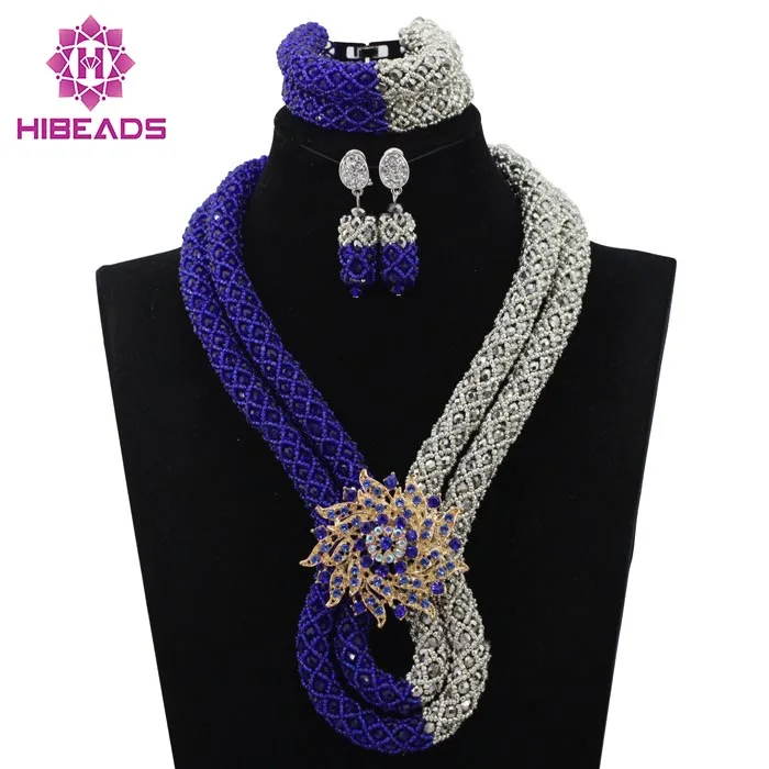 

Pretty Women Crystal Blue Necklace Sets Fashion Vintage Ethnic Jewelry Nigerian Silver Bead Necklace Free Shipping ABL579