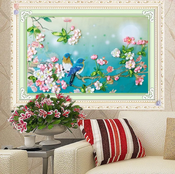 Needlework,DIY Ribbon Cross stitch Sets for Embroidery kit,Lucky bird Flower ribbon Cross-Stitch handwork wedding wall decor