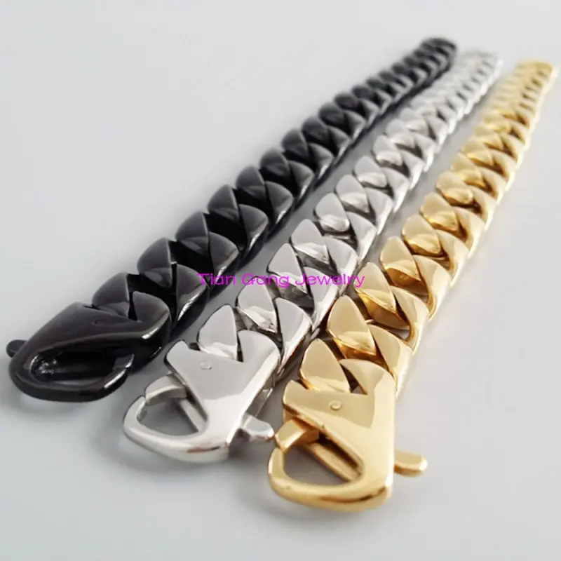 

Mens Bling Charming Curb Cuban Bracelet Punk Style 316L Stainless Steel Bracelet Silver Color/Gold/Black Color Wholesale