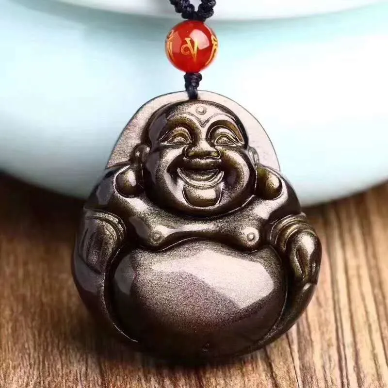 

Gold Obsidian Buddha Pendant Necklace Jade Pendant Fine Jewelry With Gold Beads Chain