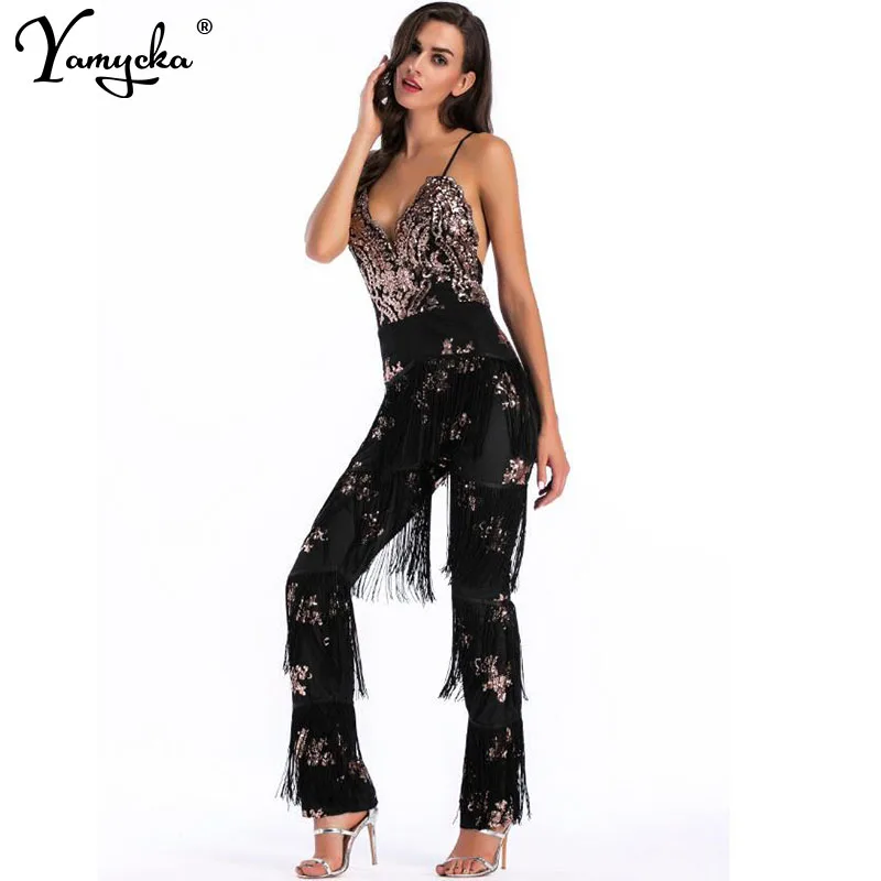 Sexy V neck Sequins Summer bodysuit women one pieces Backless tassel body femme rompers womens jumpsuit Bandages Tassel Overalls