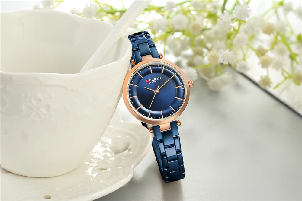 CURREN Women Fashion Watch Creative Lady Casual Watches Stainless Steel Band Stylish Desgin Blue Quartz Watch for Female