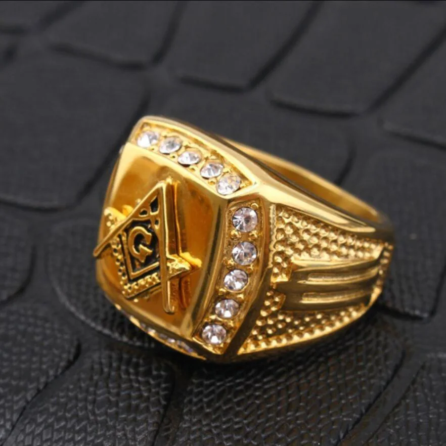 316L Stainless Steel Cool Gold Color Freemason Ring Men Hip Hop Iced Out Bling Crystal Masonic Rings Fashion Jewelry