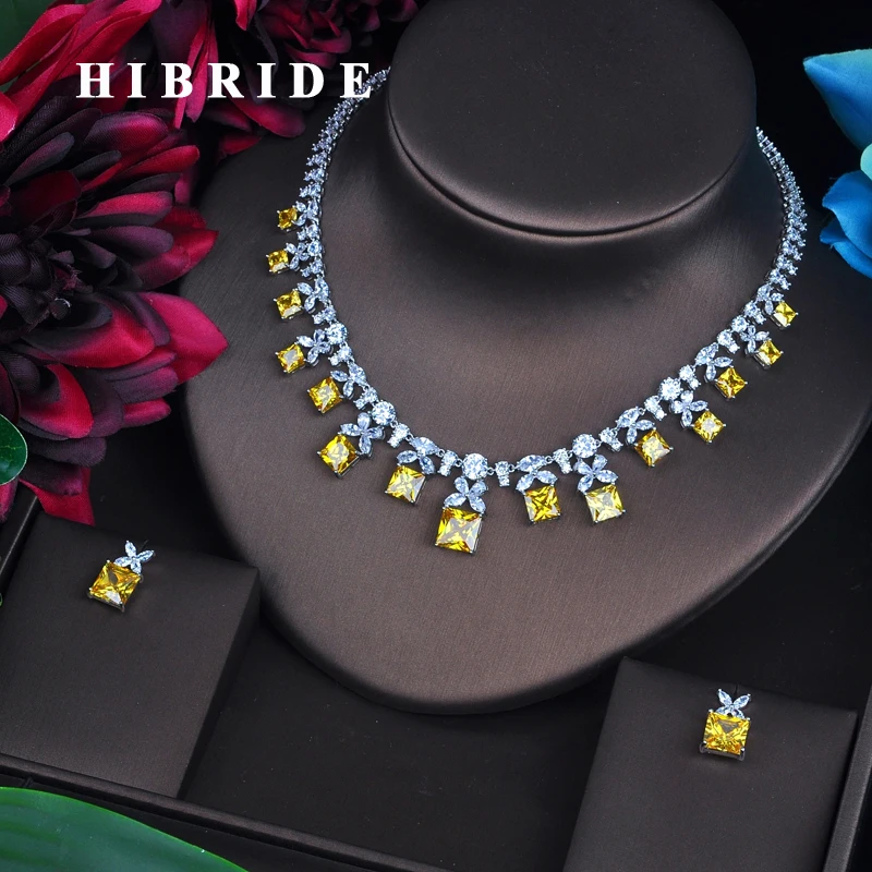 

HIBRIDE Sparkling Yellow Cubic Zirconia Jewelry Sets For Women Earring Necklace Set Wedding Dress Accessories Party Gifts N-482