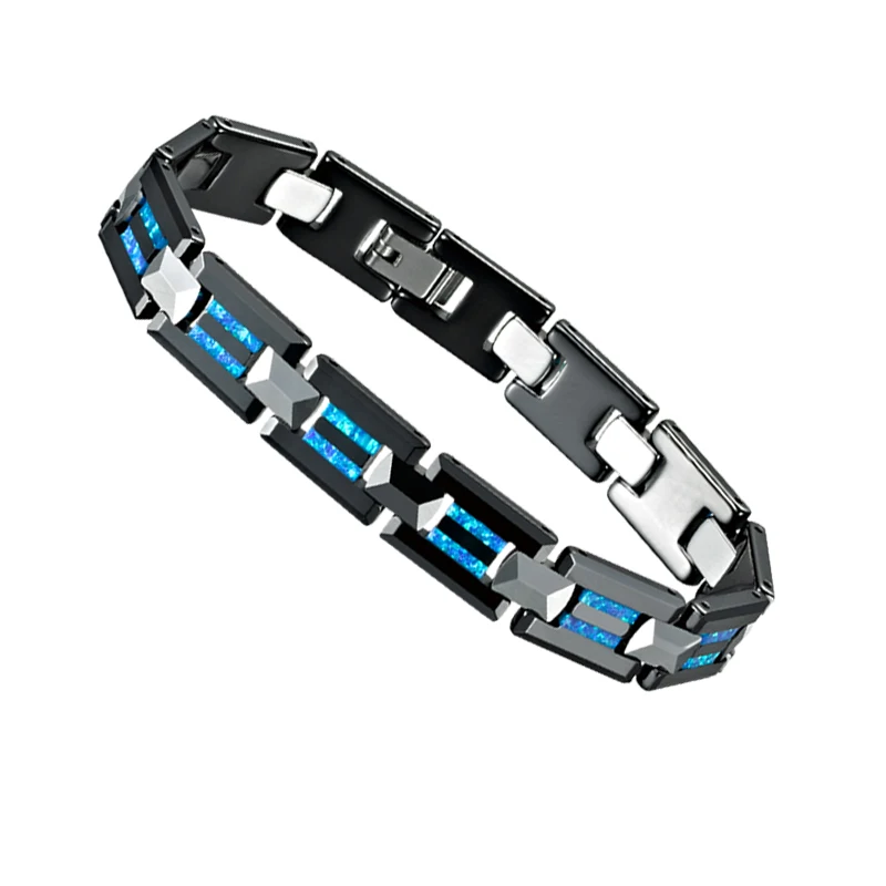 Luxury Men\'s Bracelet Black Ceramic Tungsten Blue Opal Bracelets for Men Jewelry Male Costume Women\'s Charm Bangles Jewellery