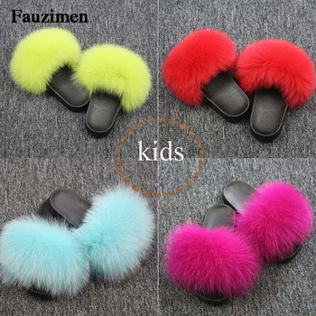 Echt Fuchs Haar Hausschuhe Kinder Pelz Hause Flauschigen Sliders Winter Plüsch Pelzigen Sommer Wohnungen Süße Baby Schuhe Große Größe 35 pantufas