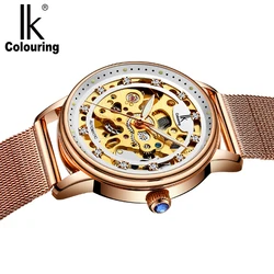 IK Colouring Ladies Wristwatch Automatic Stainless Steel Band Female Clock Mechanical Skeleton Rhinestone Women Watch