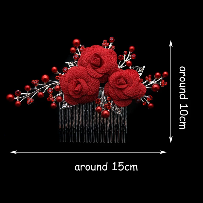 Handmade Crystal Bridal Hair Accessories Beaded Large Wedding Hair Comb Prom Festival Red Flower Headpiece For Bride Women