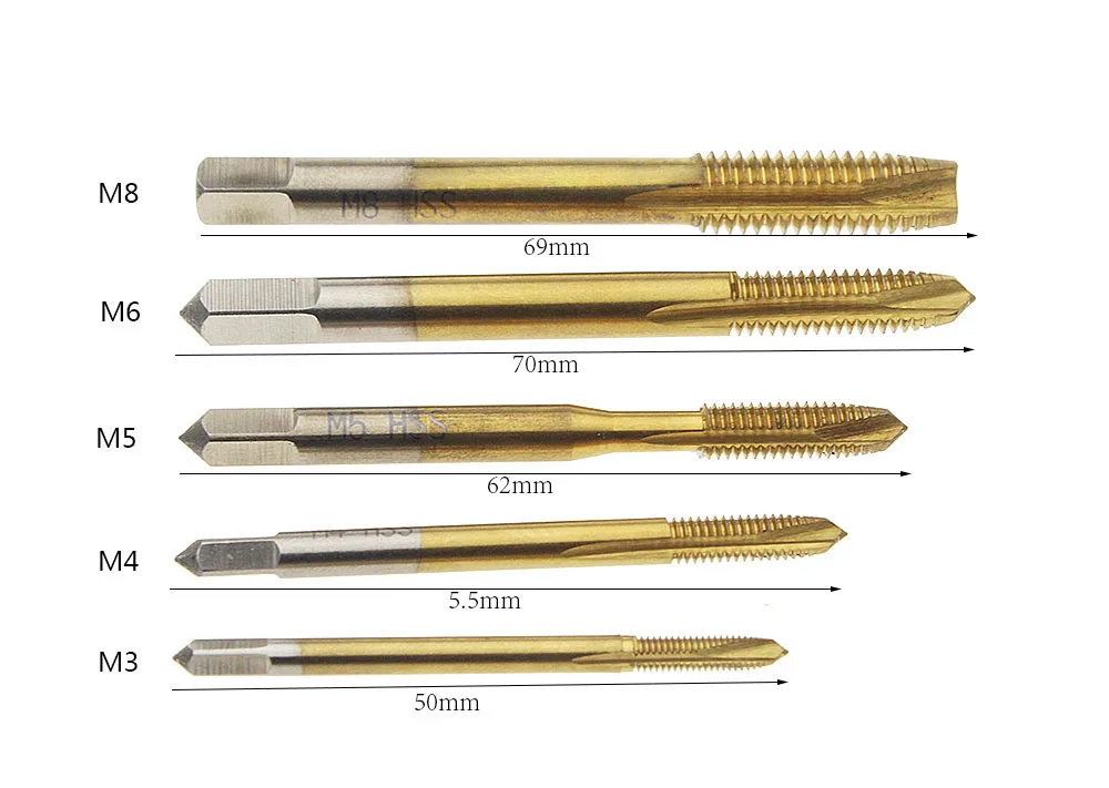5Pcs Titanium Coated Metric Hss Spiral Gecanneleerd Machine Schroef Tap M3 M4 M5 M6 M8 Spiraal Wees Kranen Tikken draad Vormen