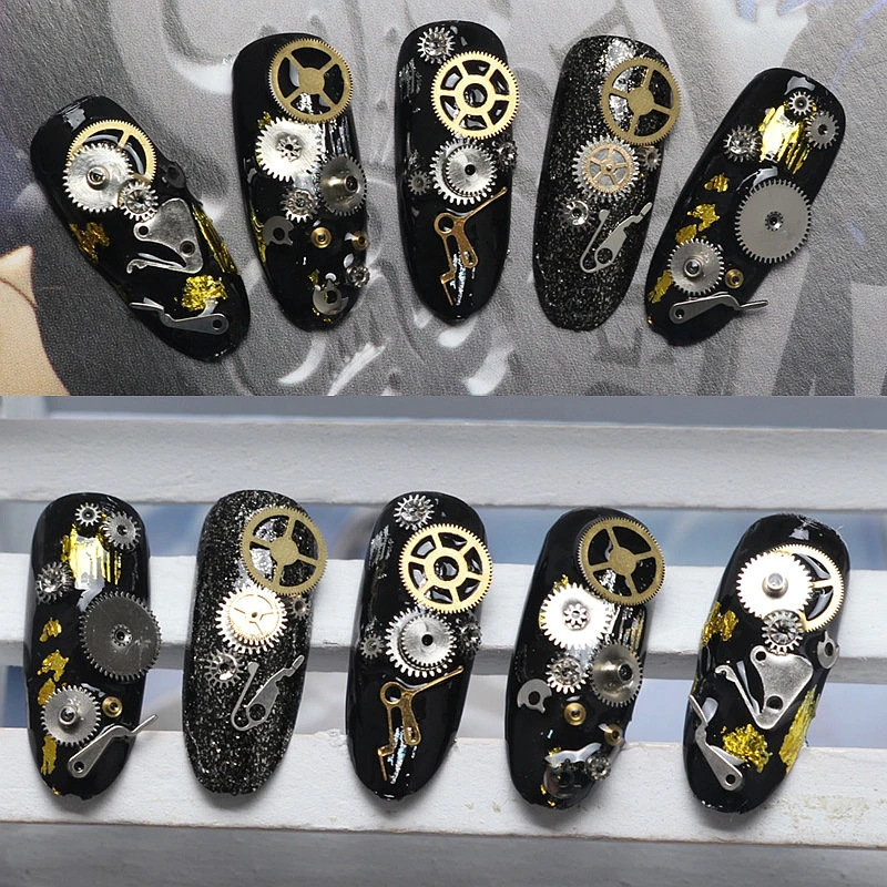 12 Mixed Designs 3D Gold Silver Metal Gear Nail Art Decoration Slice Beauty Gearwheel Foil Decals Nails Accessories 2