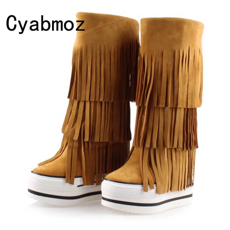 

Newest suede Martin boots Women Genuine Leather tassel height increasing 13cm elevator boots Top quality fashion platform shoes