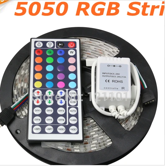 5m 5050 RGB led strip fita de led tape 300 LEDs diode feed tiras lampada non waterproof 12V+44 key rgb controller Free Shipping