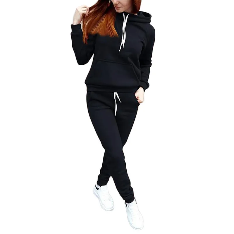 2020 Autumn Winter Two-piece Tracksuit Jogging Suits For Women Sport Suits Black Gray Hooded Running Set Sweat Pants Jogging Set