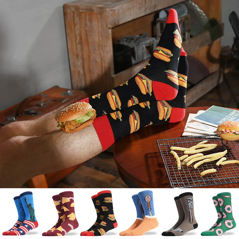 Men Socks Happy Delicious Food Print Colorful Socks Hamburger Pizza Funny Socks Harajuku Skateboard Cotton Dress Wedding Sokken