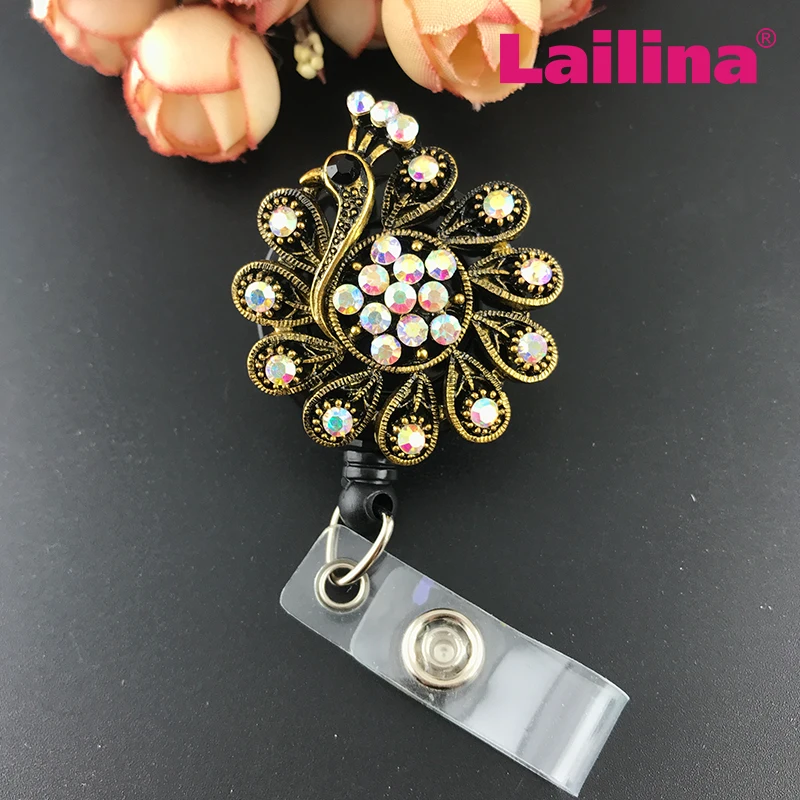 

Rhinestone peacock nurse ID badge holder brooch doctor