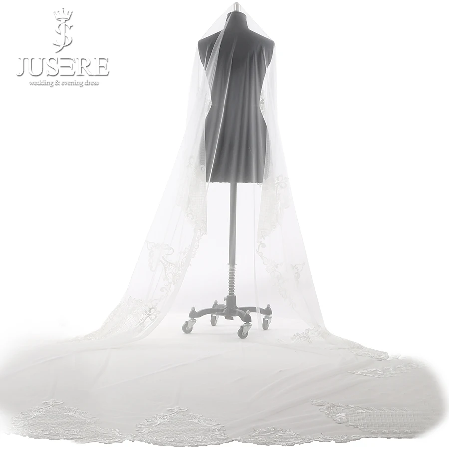 Jusere Own Design Special Appliques Pattern Around Edge Clean Edge Long 3m Soft Tulle Bridal Veil 2018