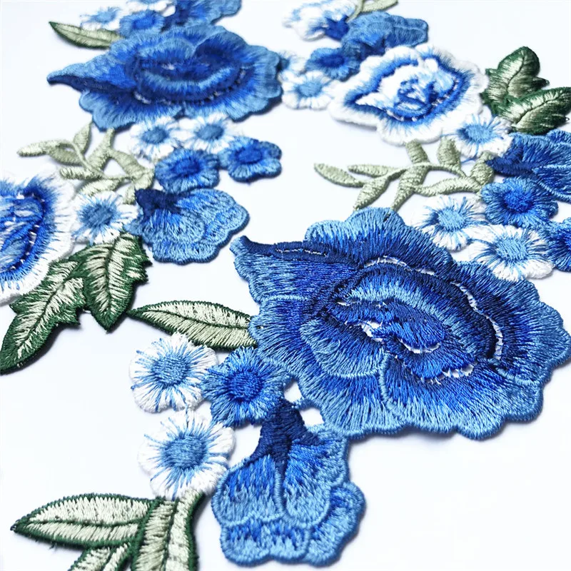 2PCS 27CM Embroidered Sew On Patches Roses Flowers Peony 5 Colors Wedding Appliques Lace Trims For Bride Evening Dress DIY