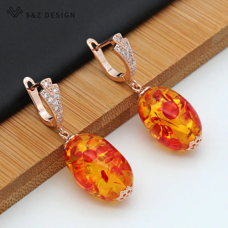 S&Z DESIGN New Fashion Oval Flower Ambers Dangle Earrings 585 Rose Gold Color Ethnic Eardrop For Women Girl Wedding Jewelry