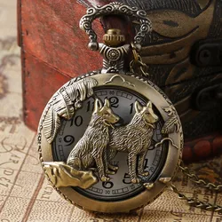 Retro Bronze Dog Hollow Quartz Pocket Watch with Necklace Chain Cool Pendant Clock Gift for Male Men Pets Watches Vintage Clock