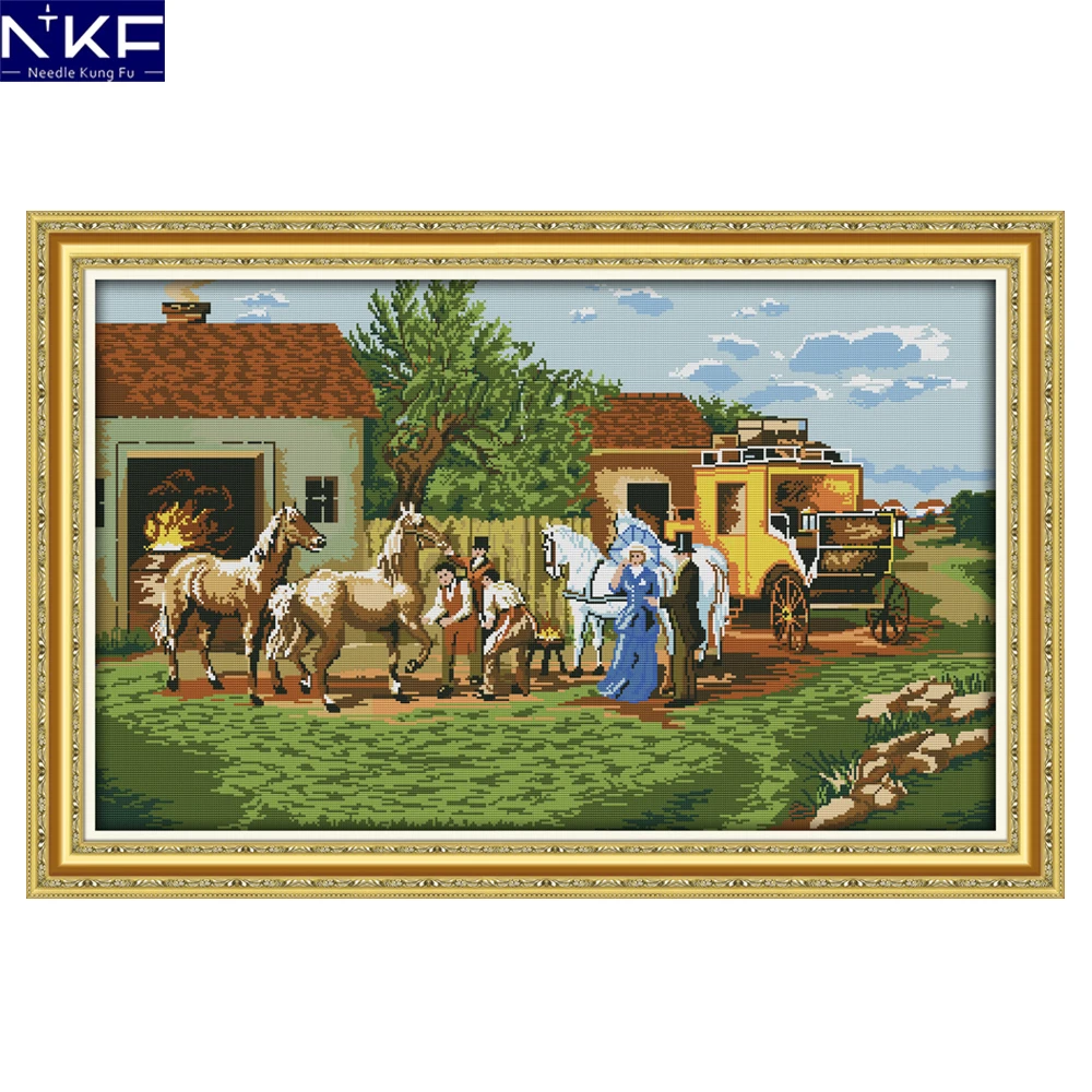 NKF On Their Journey Cross Stitch Printed Canvas 11CT14CT Cross Stitch Kits Embroidery Needlework Christmas Decorations for Home