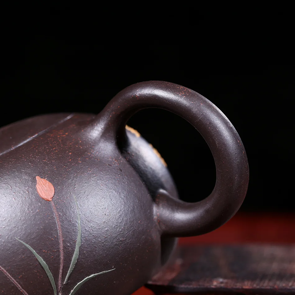 Black  Mud Yixing Teapot, Pure Hand Handmade, Colorful Mud Painted Flower, Bird, Xi Shi Pot, Purple Clay, 188 Ball Hole, 170m