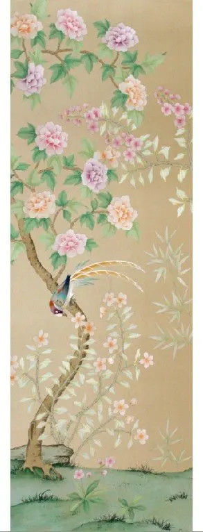 Customized Hand-painted silk wallpaper painting peony flower with birds hand painted TV/Bedroom/living room/dinning wall paper