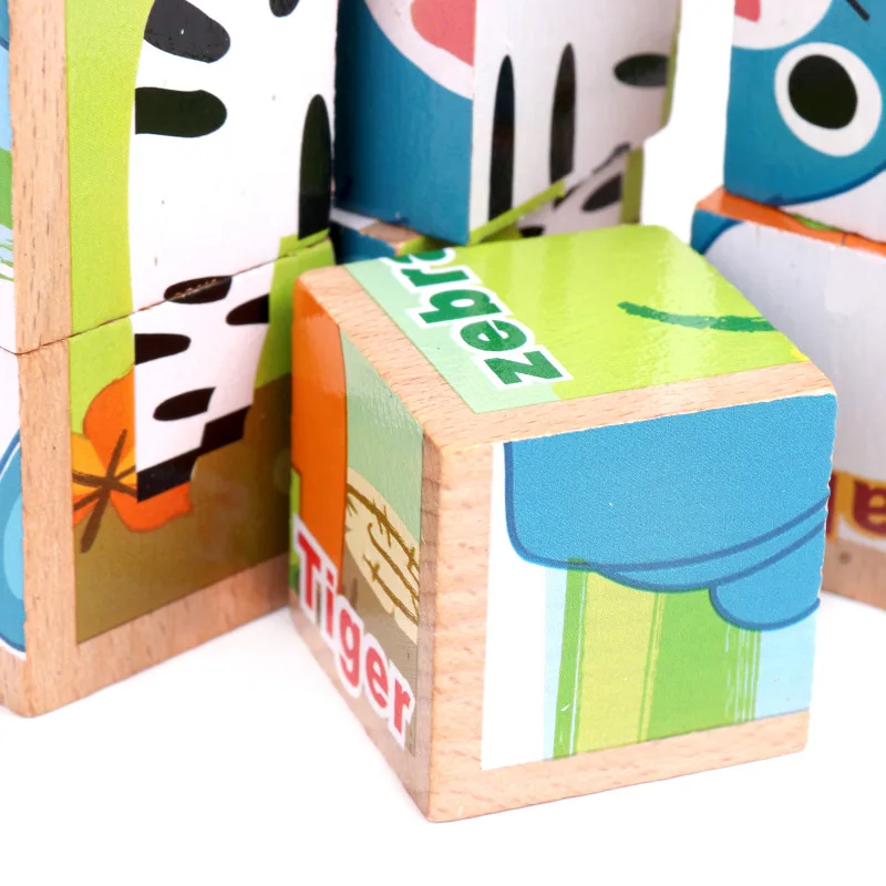 Children's wooden 3D stereoscopic toy bricks toys 9 grain blocks/ 6 sides pattern Building blocks Wooden toys for children's  to