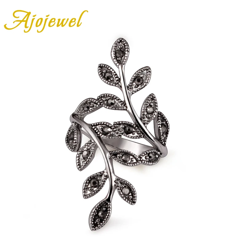 Ajojewel Women\'s Black Rhinestone Antique Leaf Ring Size 6-10 Hot Selling Vintage Female Jewelry Wholesale