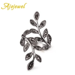 Ajojewel Women's Black Rhinestone Antique Leaf Ring Size 6-10 Hot Selling Vintage Female Jewelry Wholesale