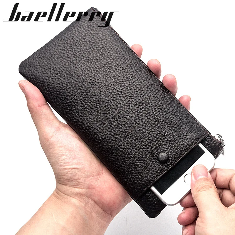 Genuine Cow Leather Men Lichee Pattern Slim Soft Long Zipper Wallet Male Coin Purse Money Pocket Pochette Clutch Bag Card Holder