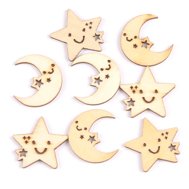 50pcs Natural moon and star pattern legno Scrapbooking Carft per la decorazione domestica decorazione fatta a mano fai da te 24-27mm MT1704