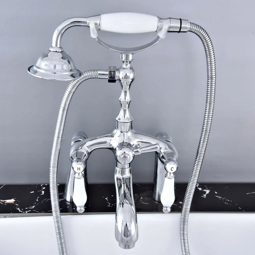 Polished Chrome Deck Mounted Bathroom Tub Faucet Dual Handles Telephone Style Hand Shower Clawfoot Tub Filler atf759