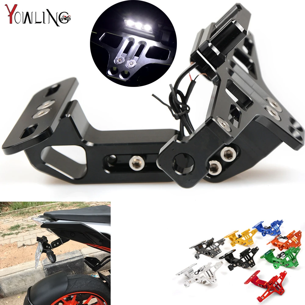 

Universal CNC Aluminum Motorcycle Rear License Plate Mount Holder with White LED Light for Honda Kawasaki Yamaha Suzuki BMW