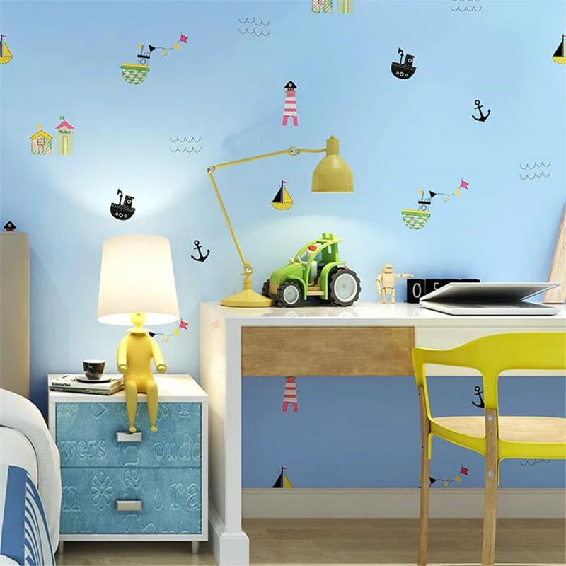 

beibehang Blue cartoon lighthouse sailing children's room wallpaper boy girl bedroom nonwoven children's mediterranean wallpaper