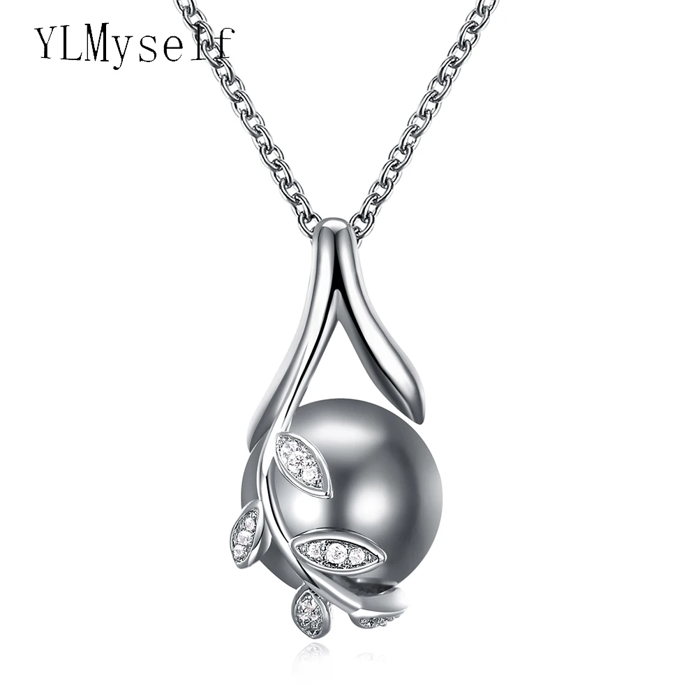 Dropshipping charms suspension White and Rose color 12mm Grey pearl & cubic zircon crystal jewelry pendant necklace for women