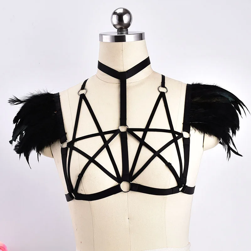 

Feather Shrug Black Harness , Pentagram Bralette , Gothic Feather , Harajuku Body Cage Bra , Festival , Women Mature , Burlesque