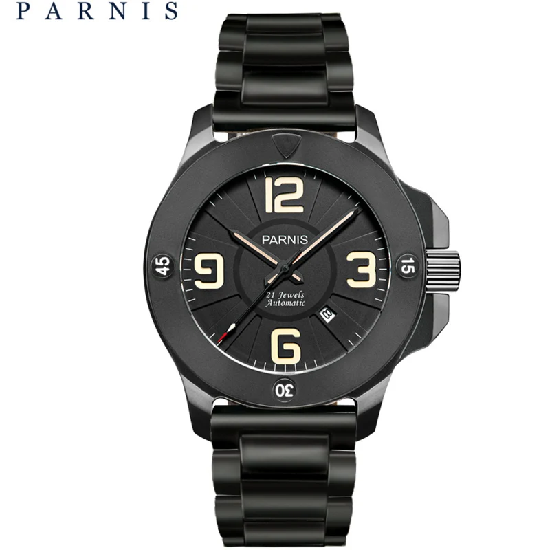 Imagem -03 - Masculino Casual Parnis Relógio Mecânico Militar Pulseira Automática de Couro Cristal Safira Marca Superior Luxo Caixa de Presente 47 mm 2023