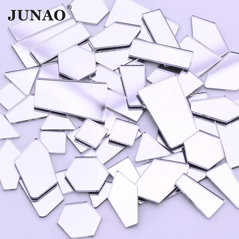 JUNAO 20pc Mix Size Clear Mirror Rhinestone Silver Crystal Applique Flat Back Acrylic Strass Non Sewing Stones for Decoration