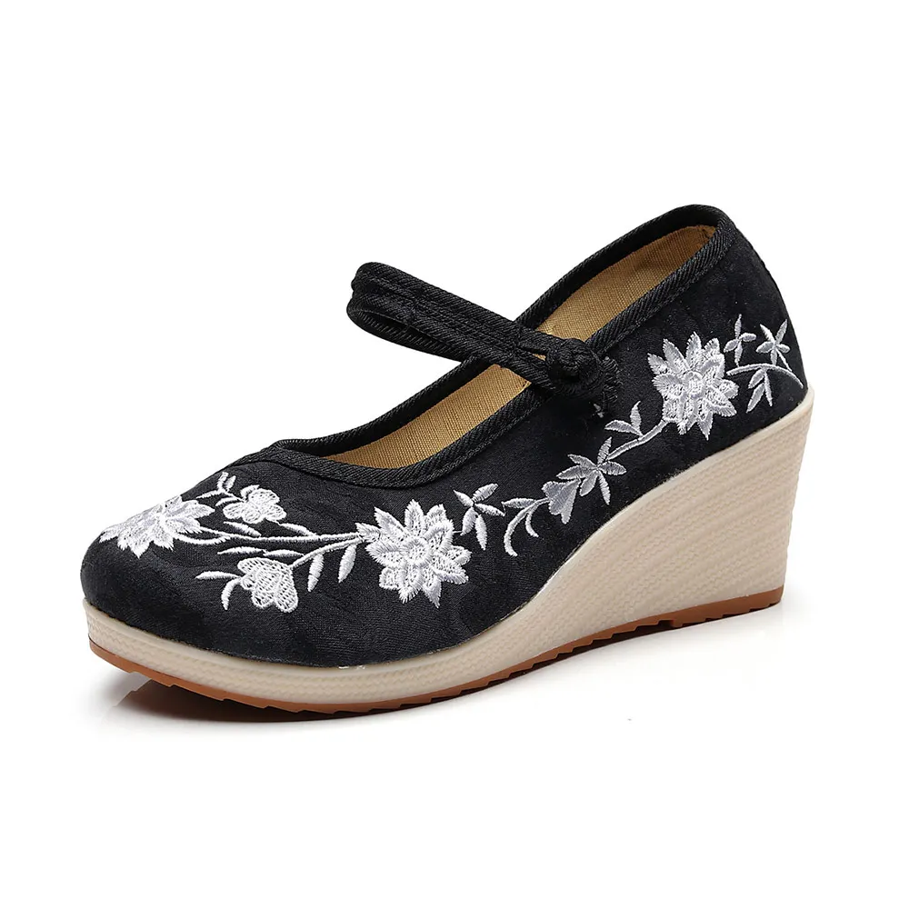 Veowalk Vegan Women Embroidered Canvas Wedge Platform Shoes Comfort Cotton Embroidery Vintage Ladies Casual Wedged High Heels