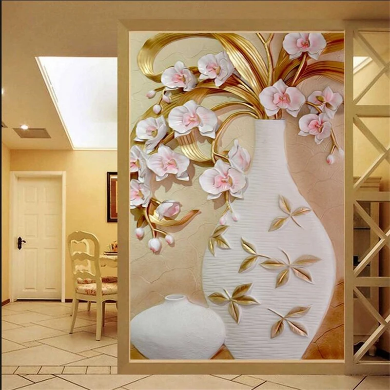 

Custom European-style tile background wall 3D embossed flower vase porch murals Corridor aisle decorative painting 3d wallpaper