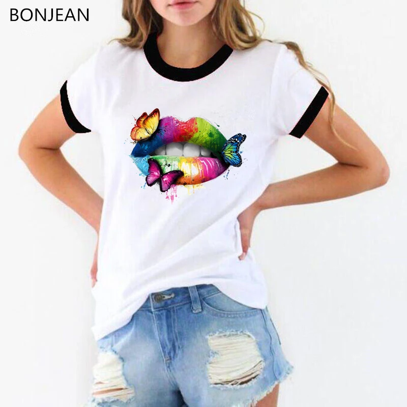 

Pride Lgbt t shirt women Gay Love Lesbian sexy Rainbow lip butterflies Print shirt femme white tops tumblr clohtes female t-shir