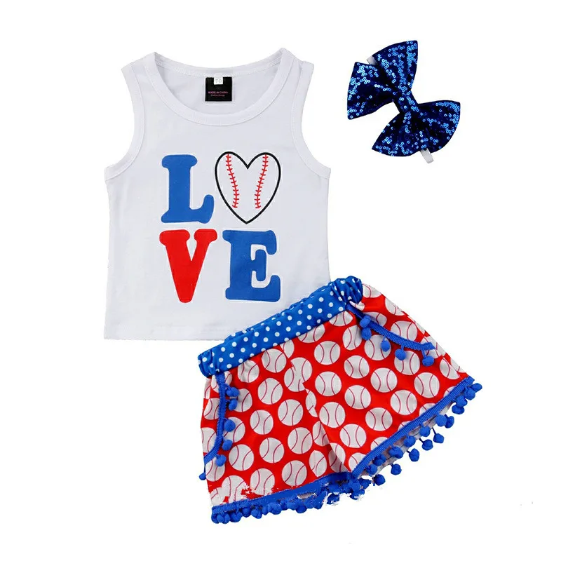 

Ins Baby Girls summer American Indepandence day set baseball pompom sequin outft 4th of july Children clothes AG19018