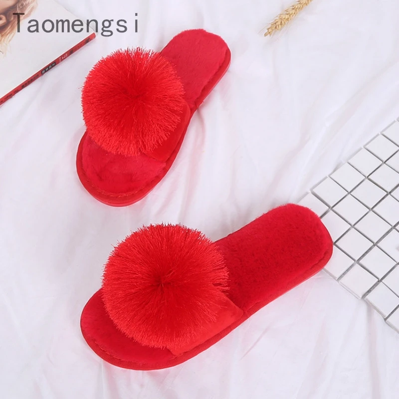 Taomengsi new fur ball slippers thickened plush home women\'s soft-soled non-slip floor open-toed red slippers all the year round