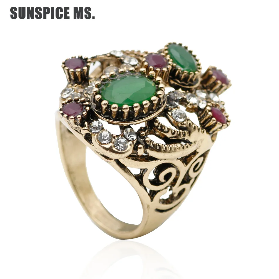 Promotion Turkish Women Vintage Ring Resin Finger Jewelry Antique Color Ethnic Hollow Flower Bridal Wedding Rings Indian Bijoux